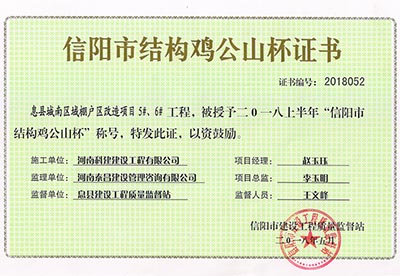 “息縣城南區(qū)域棚戶區(qū)改造項(xiàng)目5#、6#工程”被授予2018上半年“信陽(yáng)市結(jié)構(gòu)雞公山杯”稱號(hào)