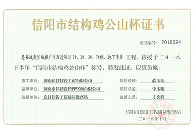 “息縣城南區(qū)域棚戶區(qū)改造項(xiàng)目1#、2#、3#、7#樓、地下車庫(kù)工程”被授予2018下半年“信陽(yáng)市結(jié)構(gòu)雞公山杯”稱號(hào)